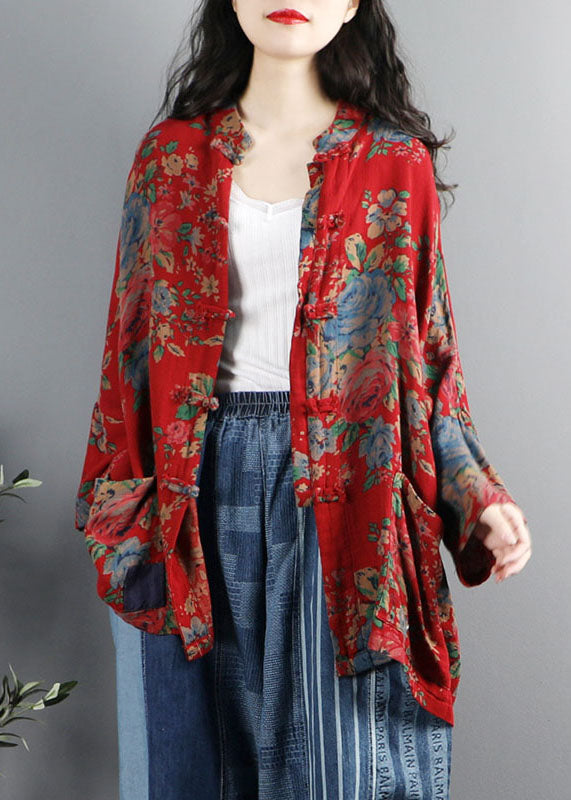 Chinese Style Yellow Print Pockets Button Patchwork Cotton Coats Long Sleeve