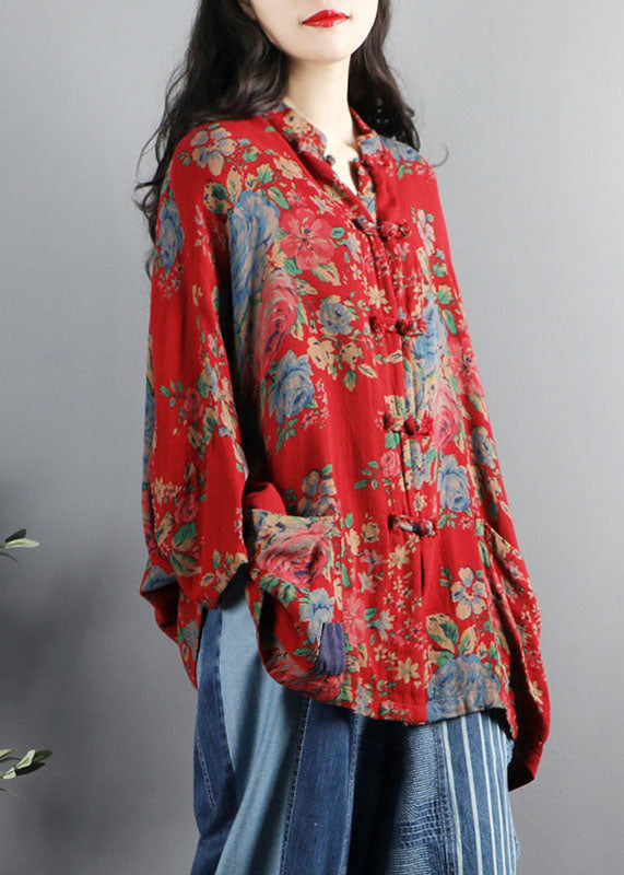 Chinese Style Dark blue-cashew Print Pockets Button Patchwork Cotton Coats Long Sleeve