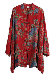 Chinese Style Red Print Pockets Button Patchwork Cotton Coats Long Sleeve