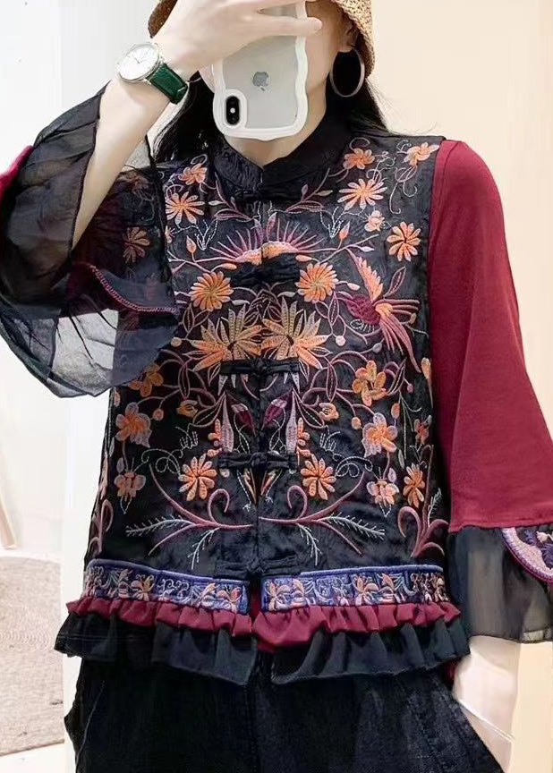 Chinese Style Red Ruffled Embroideried Button Silk Waistcoat Sleeveless