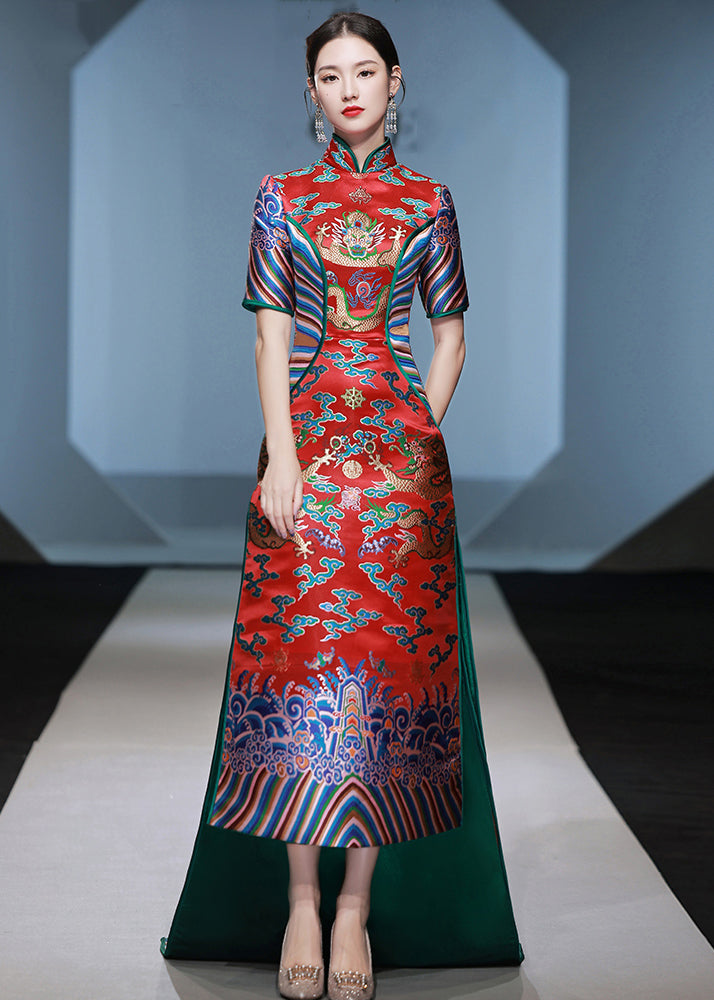 Chinese Style Red Stand Collar Embroidered Patchwork Silk Maxi Dresses Summer