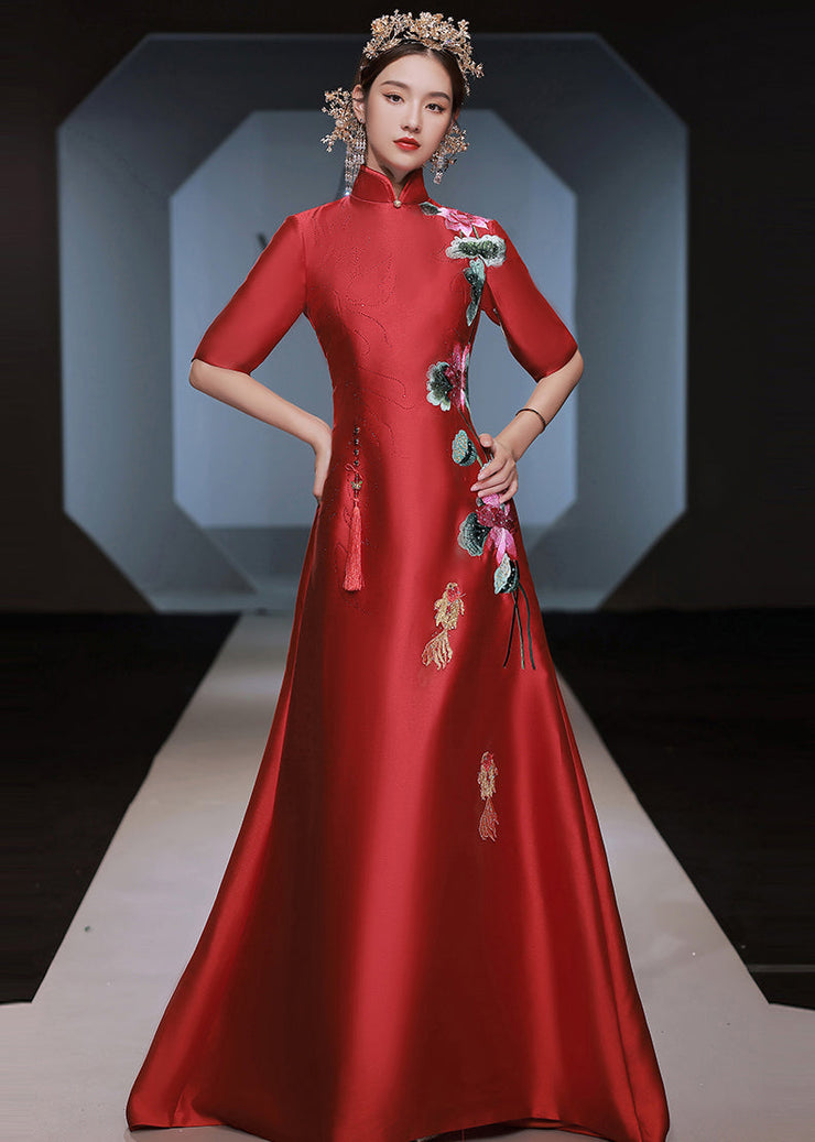 Chinese Style Red Stand Collar Embroidered Silk Dresses Half Sleeve