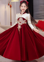 Chinese Style Red Stand Collar Embroideried Silk Velour Kids Long Dress Winter