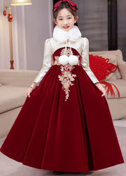 Chinese Style Red Stand Collar Embroideried Silk Velour Kids Long Dress Winter