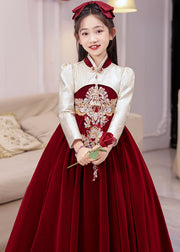 Chinese Style Red Stand Collar Embroideried Silk Velour Kids Long Dress Winter