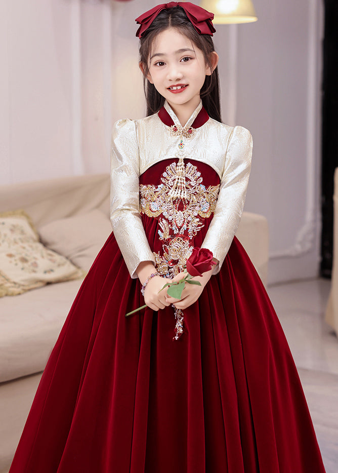 Chinese Style Red Stand Collar Embroideried Silk Velour Kids Long Dress Winter