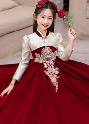 Chinese Style Red Stand Collar Embroideried Silk Velour Kids Long Dress Winter