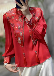 Chinese Style Red Stand Collar False Two Pieces Silk Shirt Top Spring