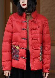 Chinese Style Red Stand Collar Oriental Button Duck Down Puffers Jackets Winter