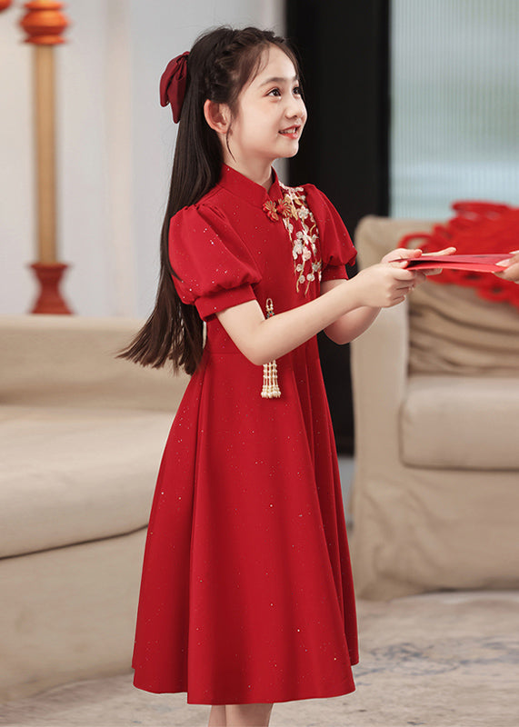 Chinese Style Red Stand Collar Patchwork Girls Maxi Dresses Short Sleeve