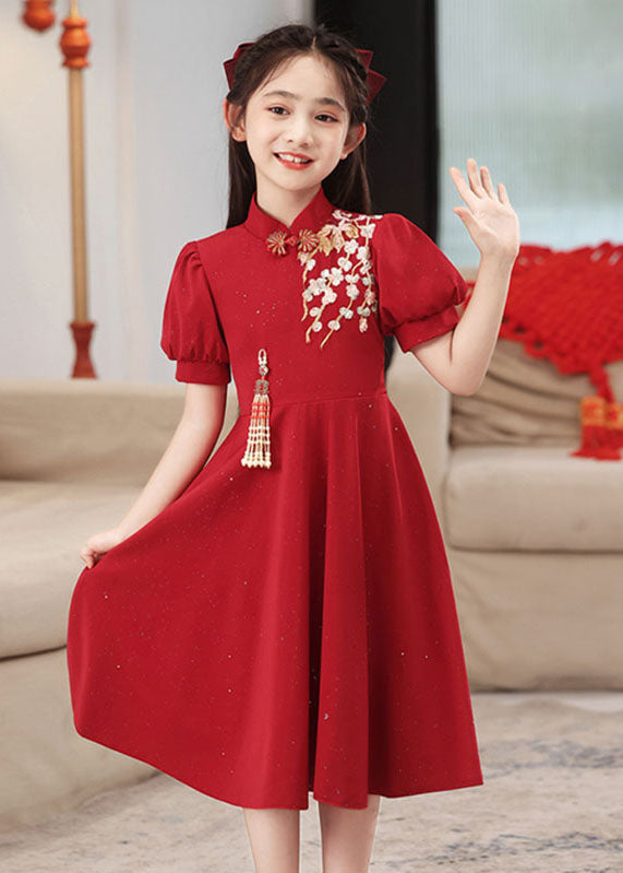 Chinese Style Red Stand Collar Patchwork Girls Maxi Dresses Short Sleeve