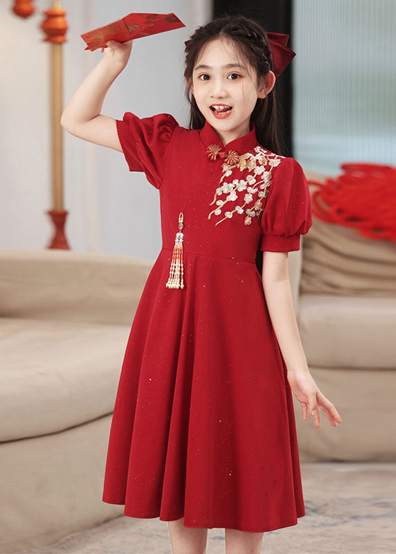 Chinese Style Red Stand Collar Patchwork Girls Maxi Dresses Short Sleeve