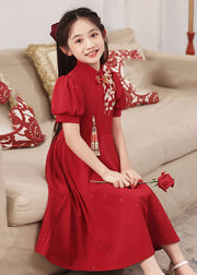 Chinese Style Red Stand Collar Patchwork Girls Maxi Dresses Short Sleeve