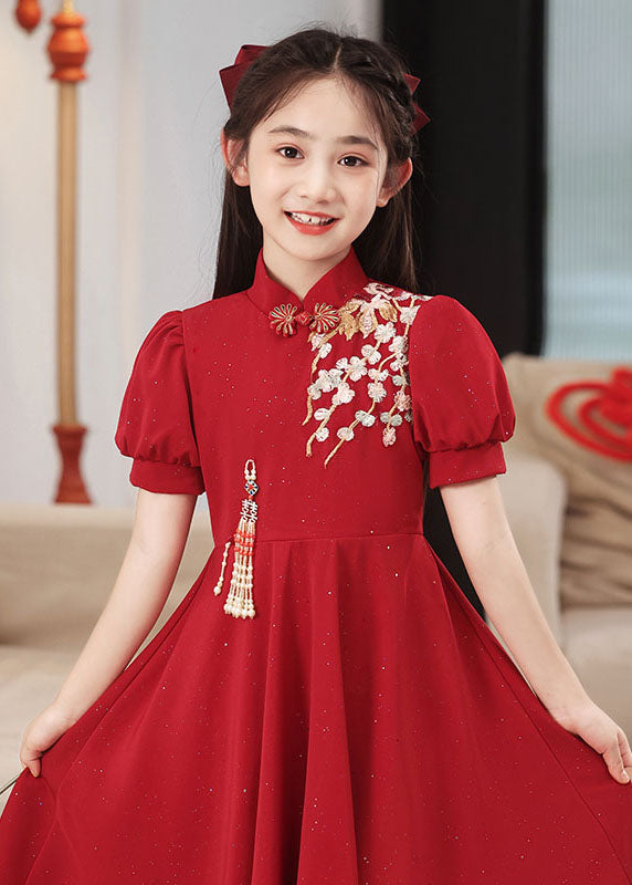 Chinese Style Red Stand Collar Patchwork Girls Maxi Dresses Short Sleeve