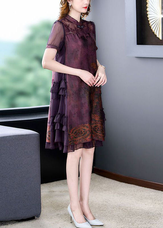 Chinese Style Red Stand Collar Patchwork Ruffles Silk Dress Summer