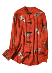 Chinese Style Red Stand Collar Print Button Silk Coats Spring