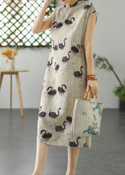 Chinese Style Red Stand Collar Print Patchwork Linen Dress Summer