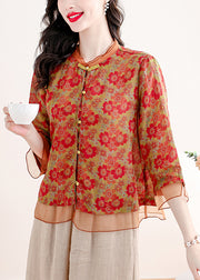 Chinese Style Red Stand Collar Print Patchwork Linen Shirts Summer