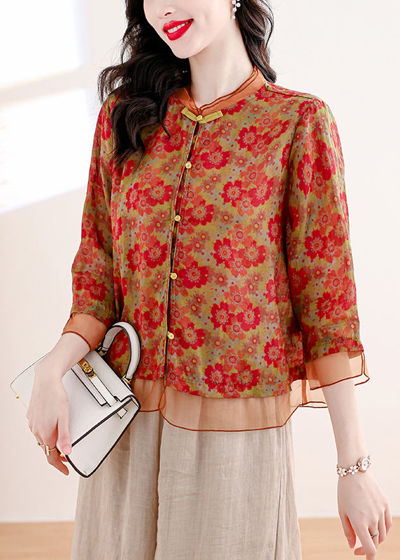 Chinese Style Red Stand Collar Print Patchwork Linen Shirts Summer
