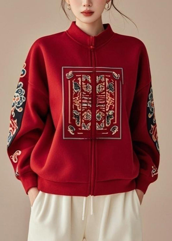 Chinese Style Red Stand Collar Print Zippered Fall Coats