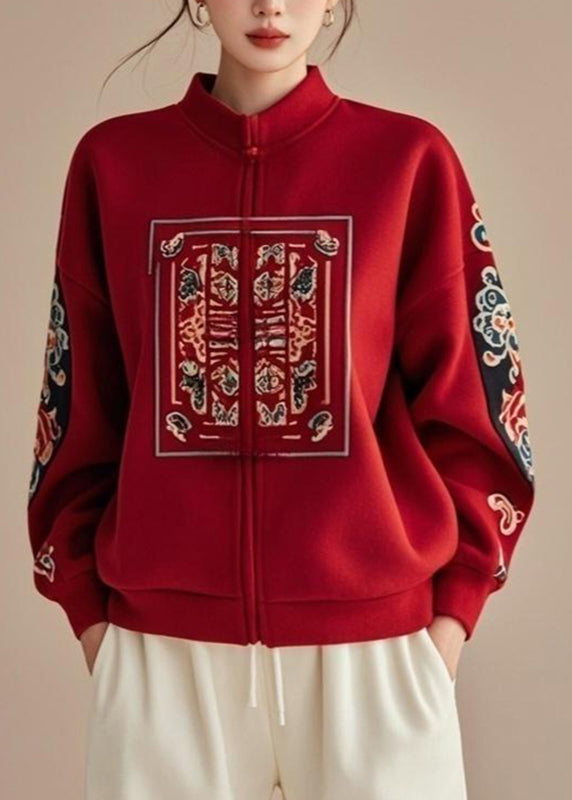 Chinese Style Red Stand Collar Print Zippered Fall Coats