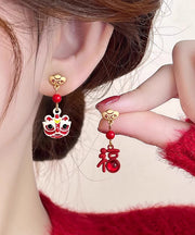 Chinese Style Red Sterling Silver Alloy Asymmetric Lion Graphic Drop Earrings