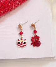 Chinese Style Red Sterling Silver Alloy Asymmetric Lion Graphic Drop Earrings