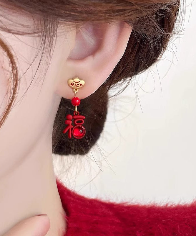 Chinese Style Red Sterling Silver Alloy Asymmetric Lion Graphic Drop Earrings