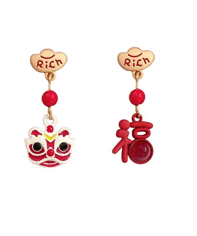 Chinese Style Red Sterling Silver Alloy Asymmetric Lion Graphic Drop Earrings