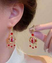 Chinese Style Red Sterling Silver Alloy Zircon Safety Lock Tassel Drop Earrings