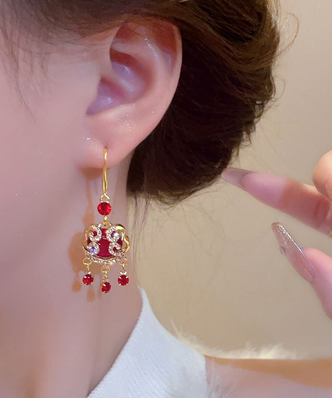 Chinese Style Red Sterling Silver Alloy Zircon Safety Lock Tassel Drop Earrings