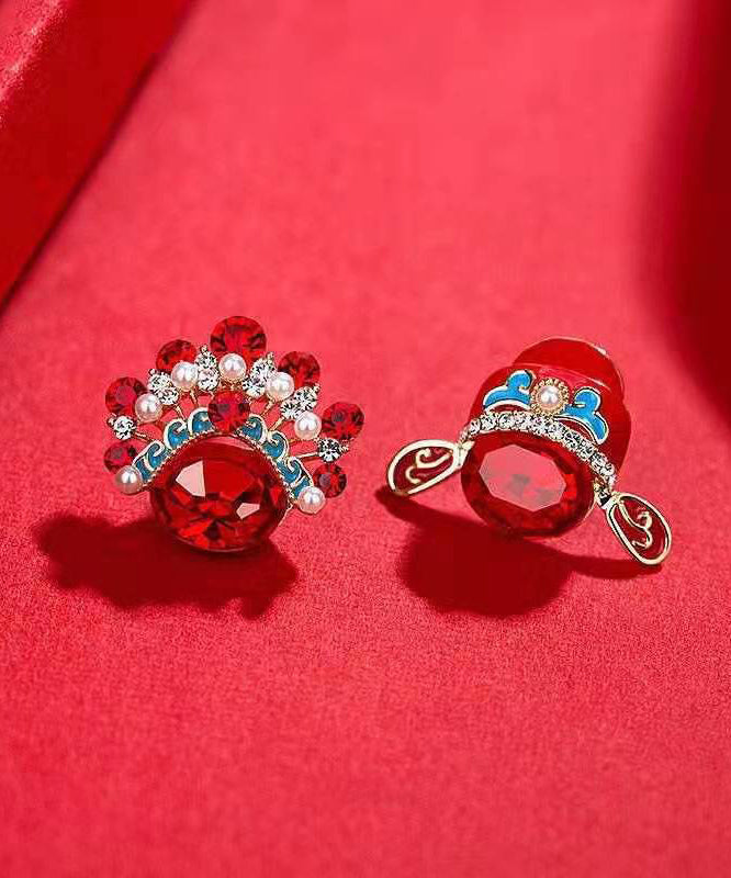 Chinese Style Red Sterling Silver Overgild Zircon Asymmetrical Pearl Gem Stone Stud Earrings