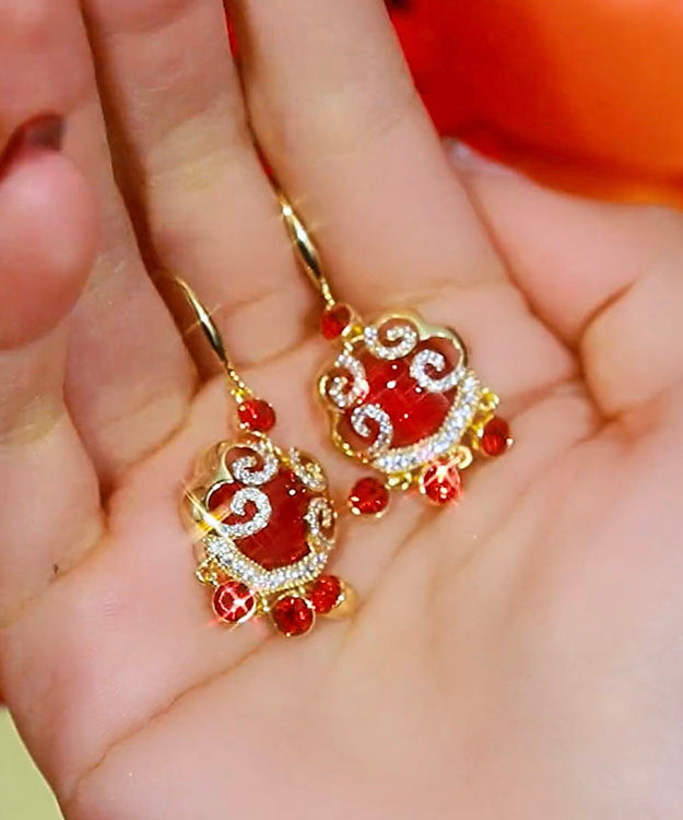 Chinese Style Red Sterling Silver Overgild Zircon Auspicious Clouds Ping Buckle Drop Earrings