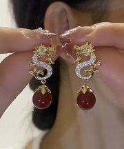 Chinese Style Red Sterling Silver Overgild Zircon Pearl Dragon Shaped Drop Earrings