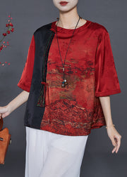 Chinese Style Red Tasseled Patchwork Silk Shirt Top Summer