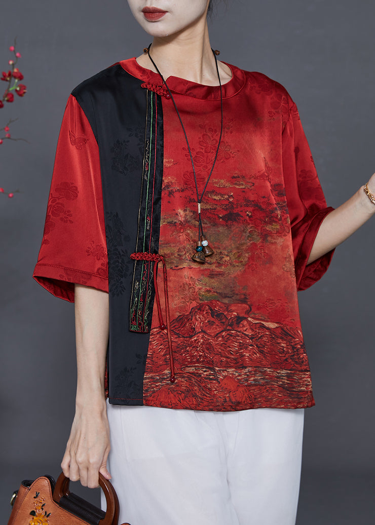 Chinese Style Red Tasseled Patchwork Silk Shirt Top Summer