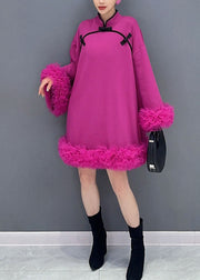 Chinese Style Rose Stand Collar Tulle Patchwork Mid Dress Long Sleeve