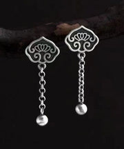 Chinese Style Silk Sterling Silver Lotus Tassel Drop Earrings