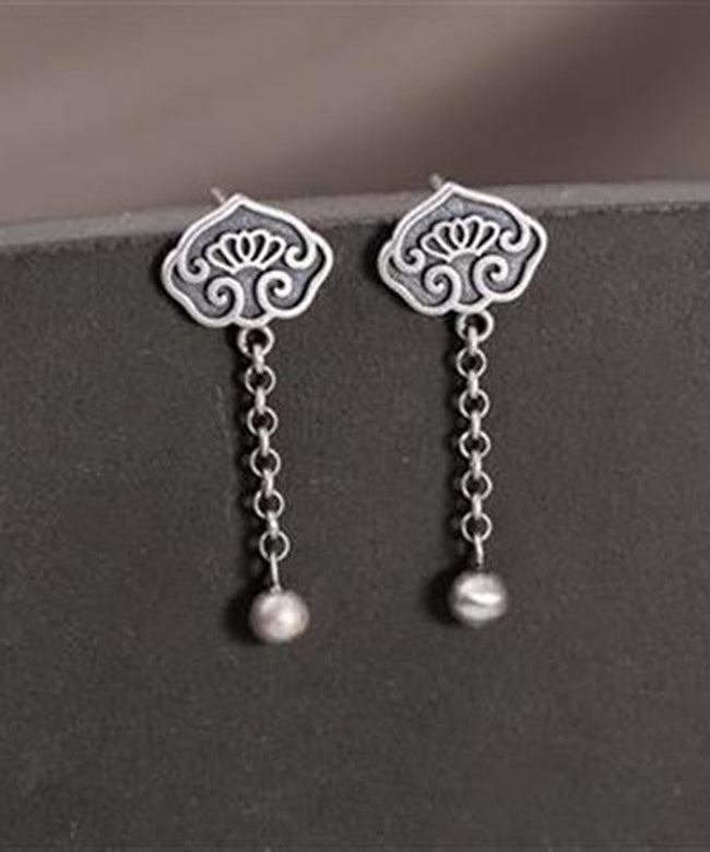 Chinese Style Silk Sterling Silver Lotus Tassel Drop Earrings