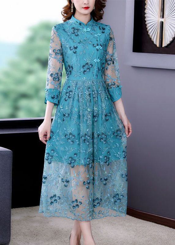 Chinese Style Sky Blue Embroideried Hollow Out Tulle Dress Summer