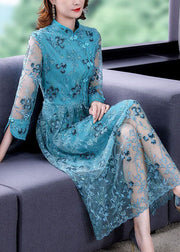 Chinese Style Sky Blue Embroideried Hollow Out Tulle Dress Summer