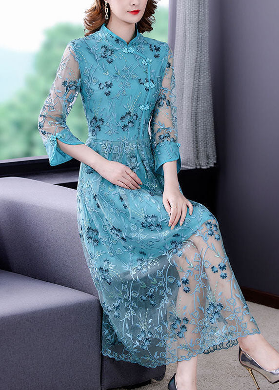 Chinese Style Sky Blue Embroideried Hollow Out Tulle Dress Summer