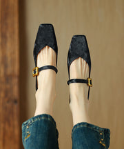 Chinese Style Splicing Buckle Strap Chunky Penny Loafers Black Cowhide Leather