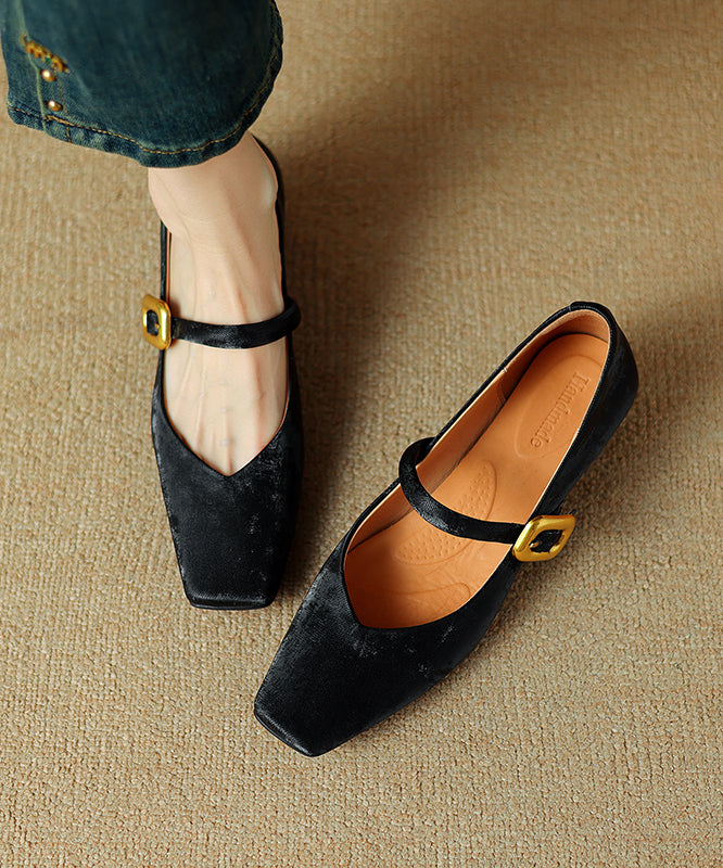 Chinese Style Splicing Buckle Strap Chunky Penny Loafers Black Cowhide Leather