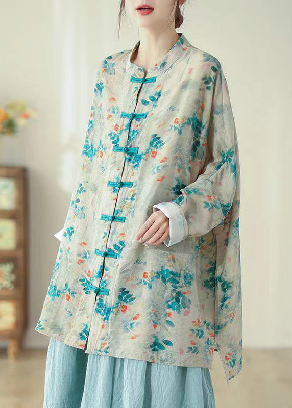 Chinese Style Stand Collar Print Oriental Button Linen Shirts Spring