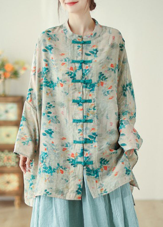 Chinese Style Stand Collar Print Oriental Button Linen Shirts Spring