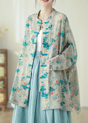 Chinese Style Stand Collar Print Oriental Button Linen Shirts Spring