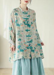 Chinese Style Stand Collar Print Oriental Button Linen Shirts Spring