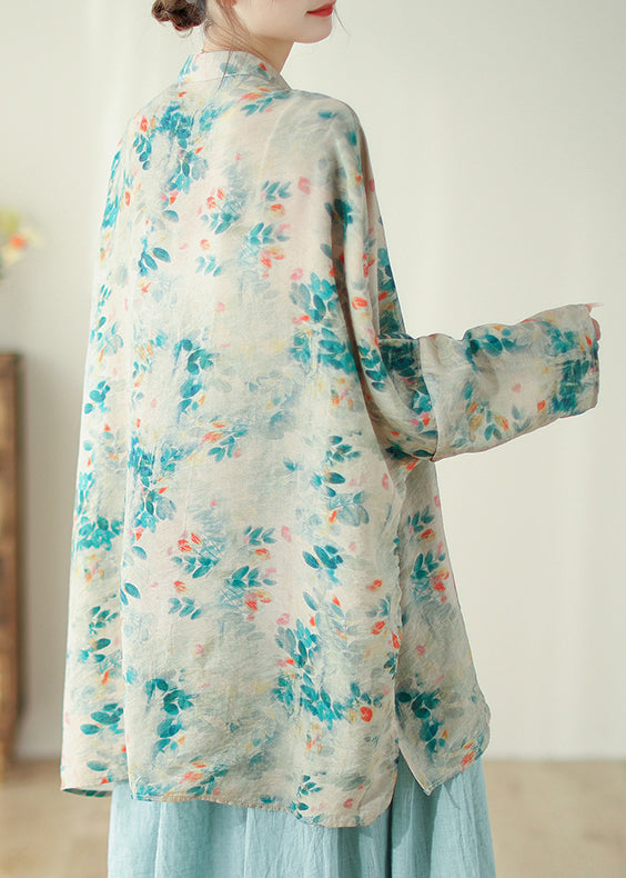 Chinese Style Stand Collar Print Oriental Button Linen Shirts Spring