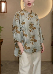 Chinese Style Stand Collar Print Silk Shirt Tops Bracelet Sleeve
